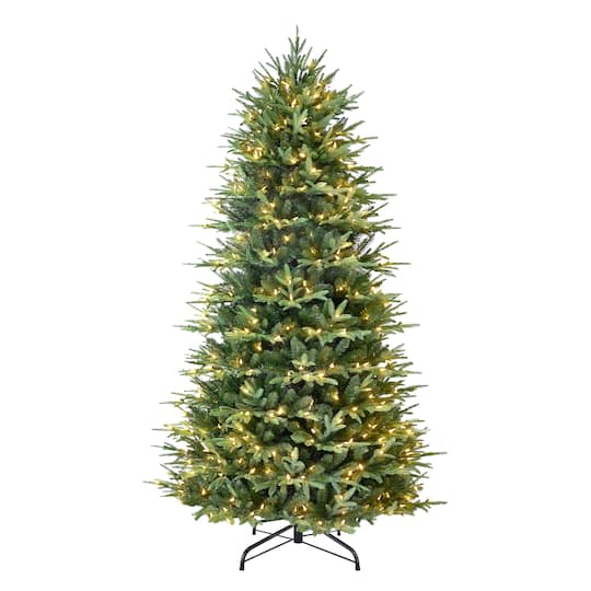 Puleo International 6.5ft. Pre-Lit Fraser Fir Slim Artificial Christmas Tree, Warm White & Multicolor LED Lights